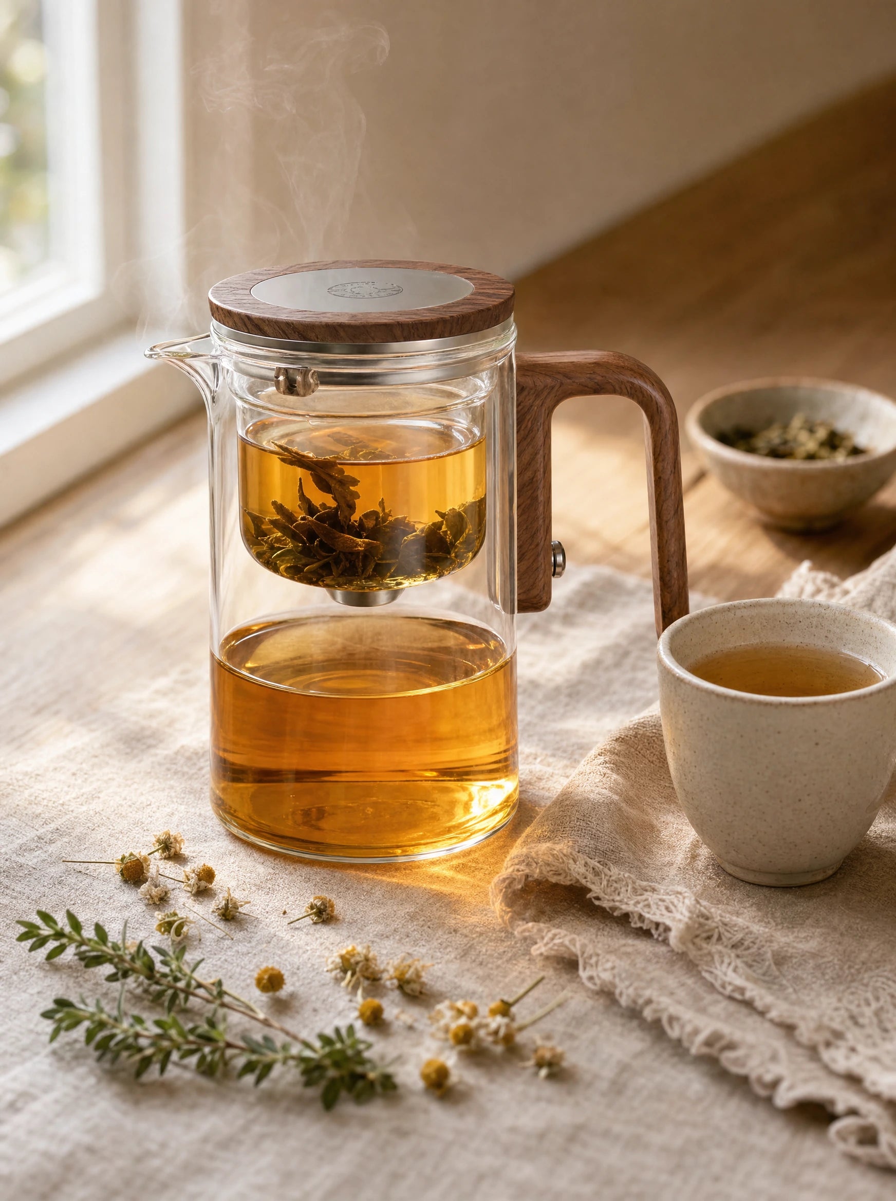 Luma Glass Teapot resting on a sunlit linen counter, steam rising from the spout beside a ceramic cup and chamomile